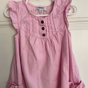DKNY Dress 4t Pink 100%Cotton, Lace Back, Ruffle Toppers, Tucked Bodice Summer